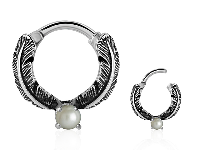 SS316L HINGED RING (FEATHER W. PEARL)