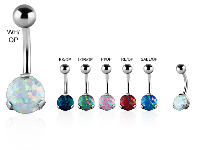 SS316L BANANA  w. 08MM ROUND SYN OPAL (DIAMOND CUT/PRONG SET)