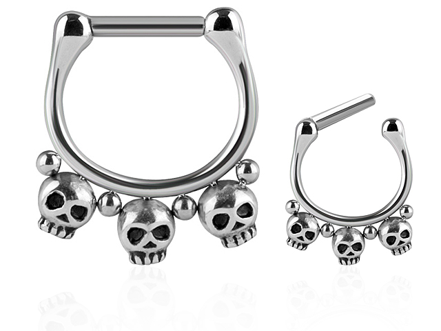 SS316L SEPTUM CLICKER RING (WITH TRIPLE SKULLS)