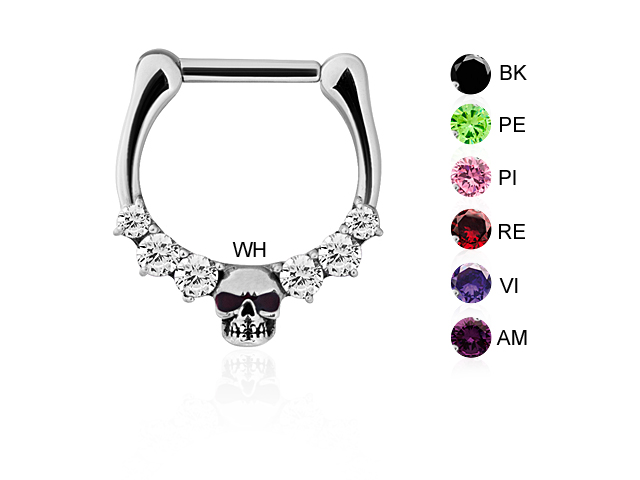 SS316L JEWELLED SEPTUM CLICKER. SKULL w.RD.CUBIC (PRONGS SETTING
