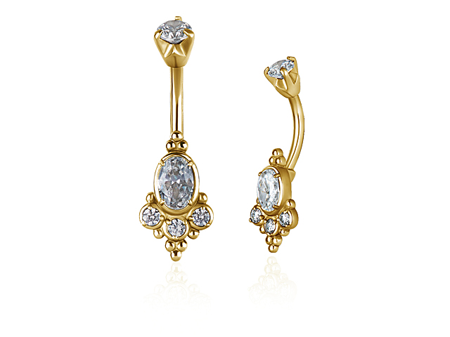 GOLD PVD SS316L TRIBAL DOUBLE JEWLLED BANANA WITH SET CUBIC ZIRC