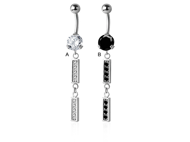 SS316L DANGLE BANANA WITH 8MM ROUND CZ (2 ZIRCONIA BARS)