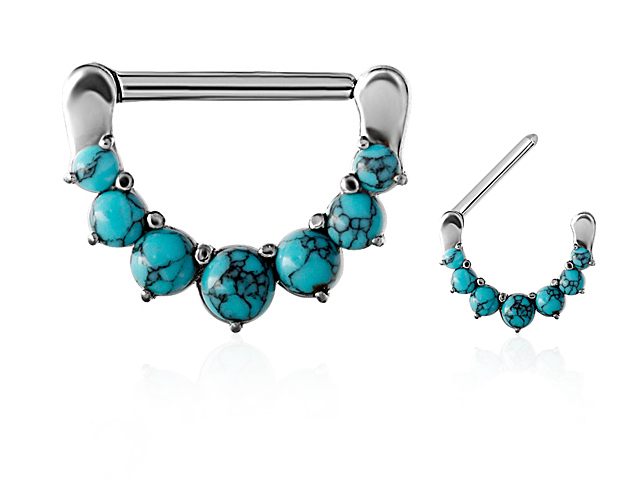 SS316L NIPPLE CLICKERS W. PRONG SET CREATED TURQUOISE