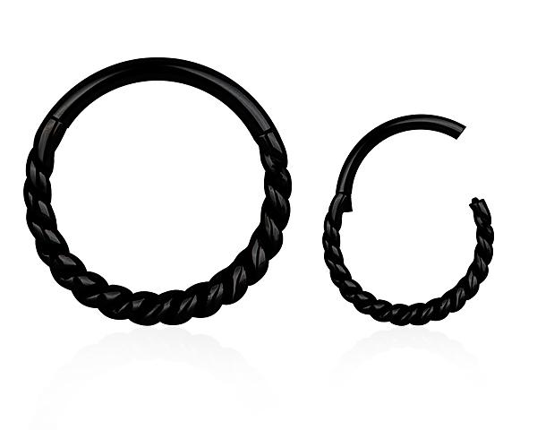 BLACK PVD STEEL NIPPLE HINGED RING (THICK TWISTED ROPE) - 14GA