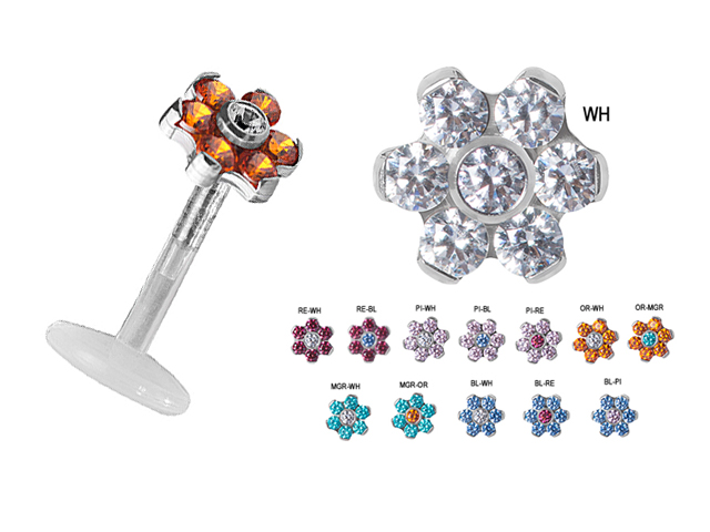 BIOPLAST LABRET STUDS TIT. FLOWER ATTACH W. SWAROVSKI GEMS®
