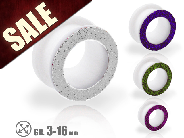 WHITE ACRYLIC FLESH TUNNELS WITH GLITTER (3-16MM)