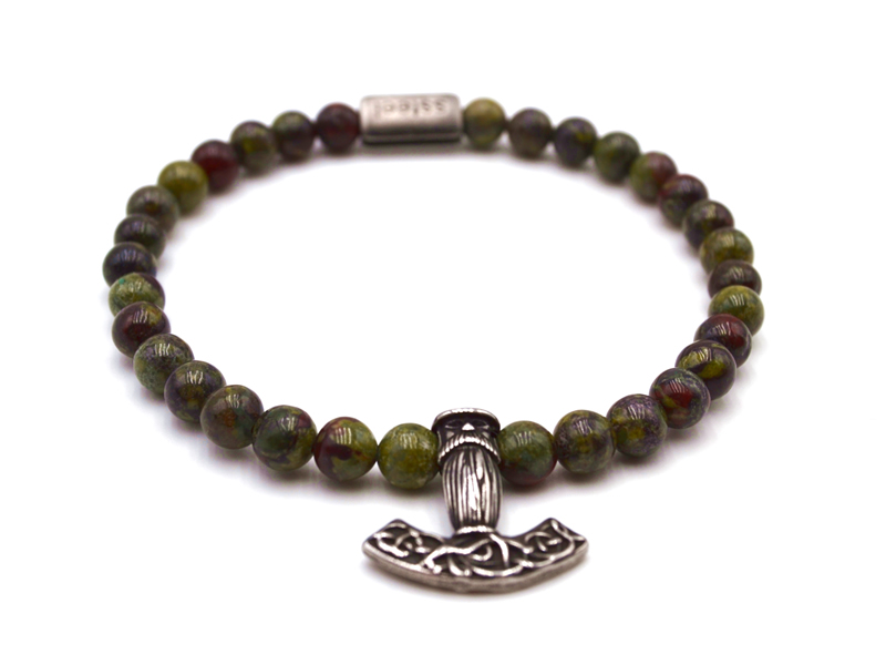 Armband Dragon Blood Jasper mit Edelstahl Beads "Thorshammer" (c