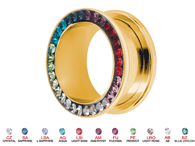 SS316L GOLD PVD STEEL CRYSTAL FLESH TUNNELS(3,40MM)