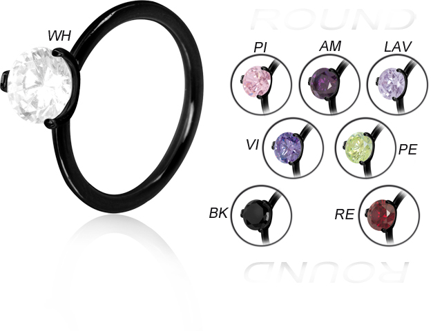 SS316L BLACK STEEL RING W. 6MM ROUND CUBIC ZIRCONIA