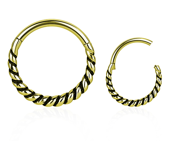 GOLD PVD STEEL NIPPLE HINGED RING (THICK TWISTED ROPE) - 14GA