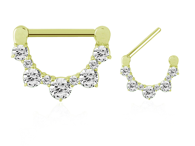 GOLD PVD STEEL JEWELLED NIPPLE CLICKER SHIELD (CZ PRONGS SETTING