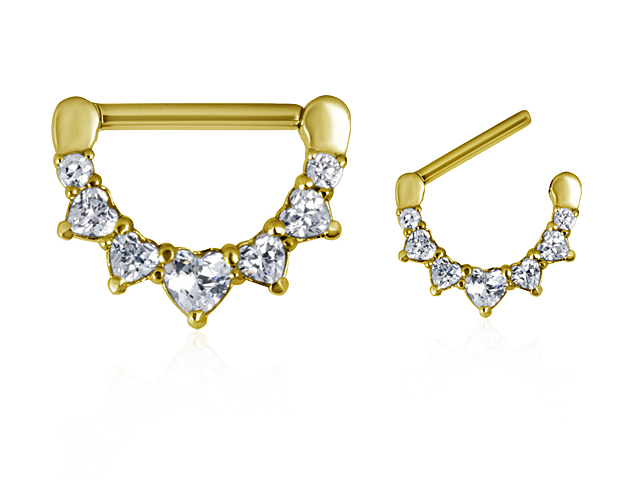 GOLD PVD STEEL JEWELLED NIPPLE CLICKER (HEART CZ PRONGS SETTING)