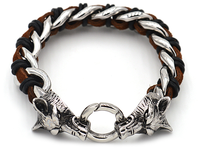 Edelstahlarmband "Wolf" mit Leder