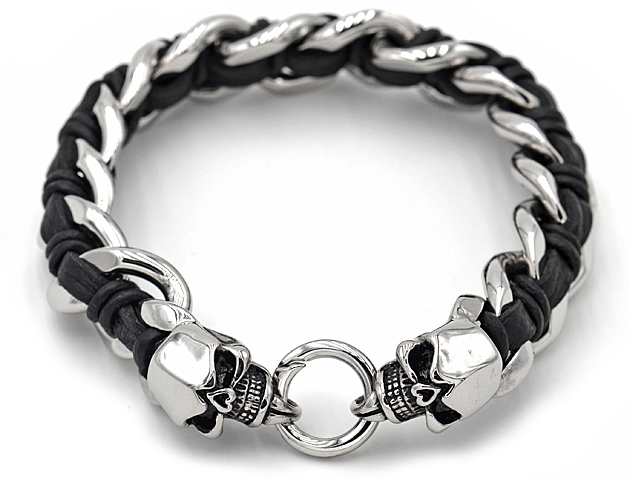 Edelstahlarmband "Skull" mit Leder (23 x 1 cm)