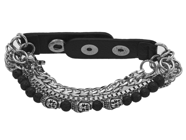 Edelstahlarmband "Buddha" mit Leder und Lavaballs