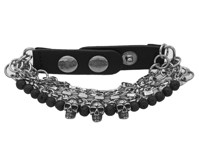 Edelstahlarmband "Skull" mit Leder und Lavaballs