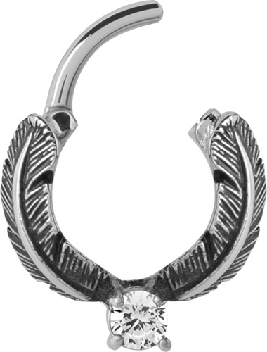 SS316L JEWELLED HINGED RING (FEATHER W.CZ)