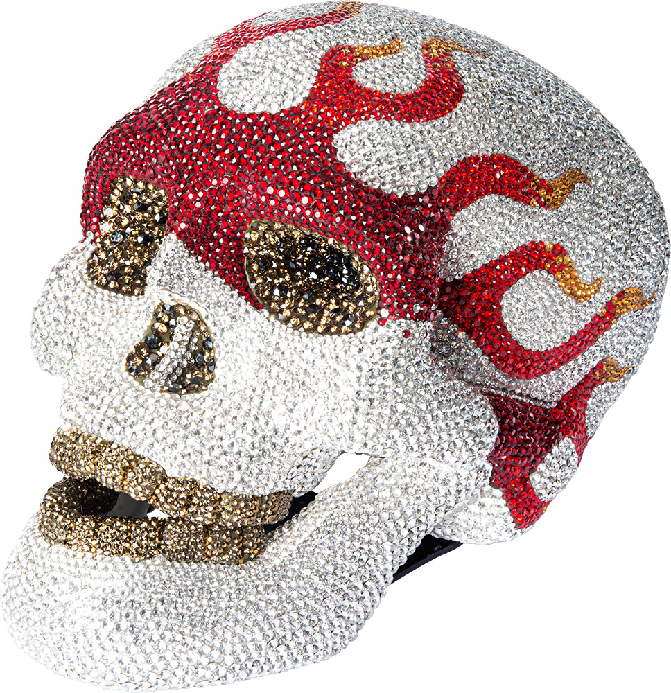 CRYSTAL SKULL SHOWPIECE (BIKER STYLE W. FLAMES)